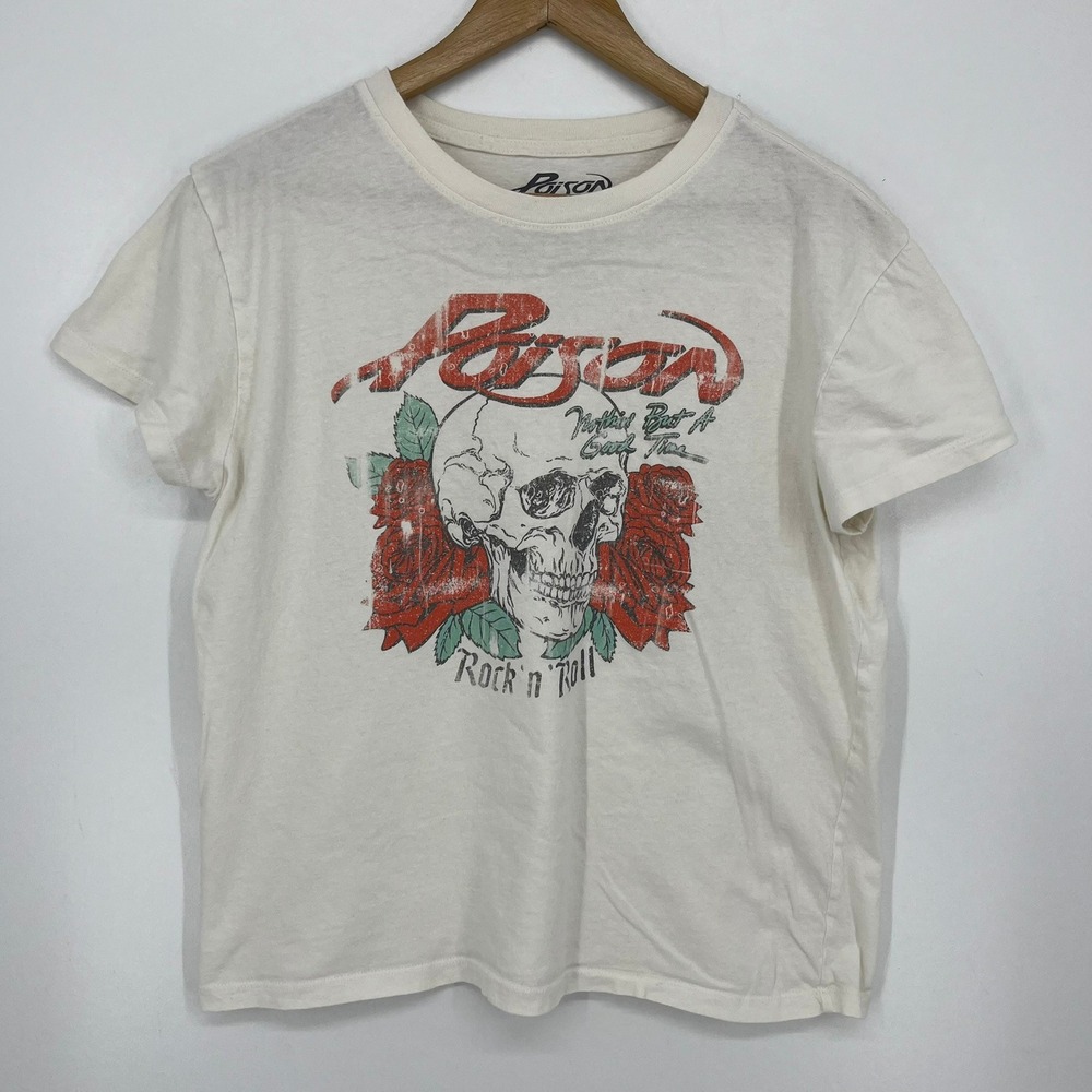 Poison Band Graphic T-Shirt Skull Roses Rock n Roll Cream Short Sleeve Womens M